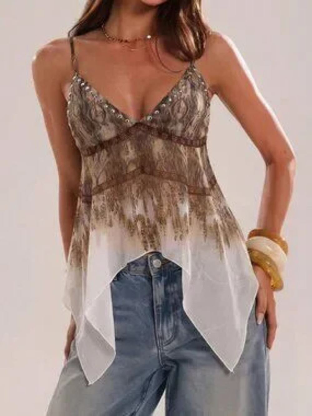 Brown Sexy Women's Spaghetti Strap A-Line Asymmetrical Hem Top